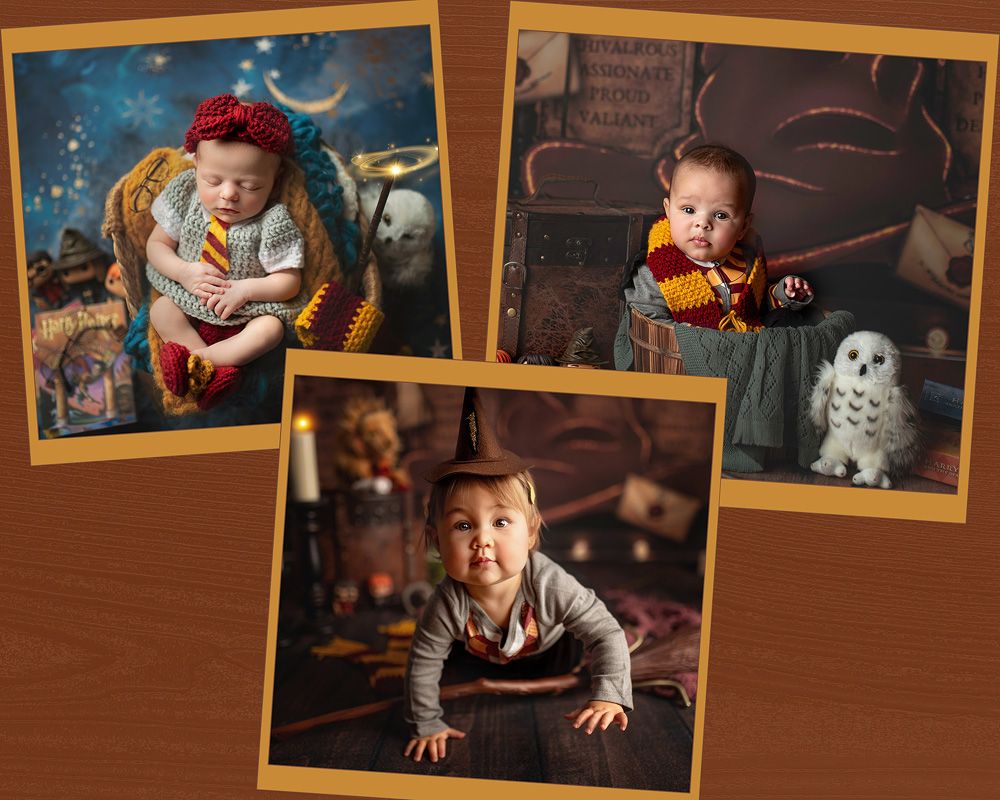 Baby’s first year in newborn, sitter, and birthday photoshoot in Harry Potter theme in The Woodlands, Houston, TX
